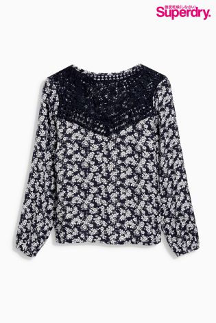 Black Superdry Ditsy Print Top With Lace Insert